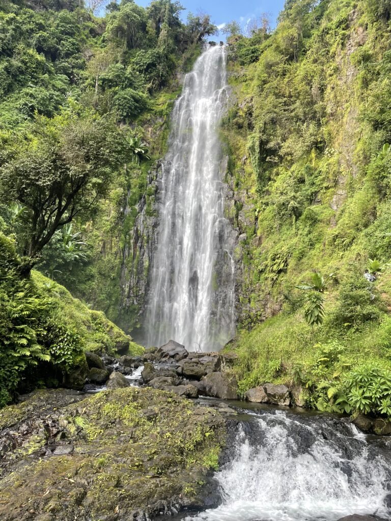 A stunning waterfall cascading down a lush, green mountainside in the Kilimanjaro region. The waterfall is surrounded by dense vegetation, creating a serene and picturesque natural landscape.