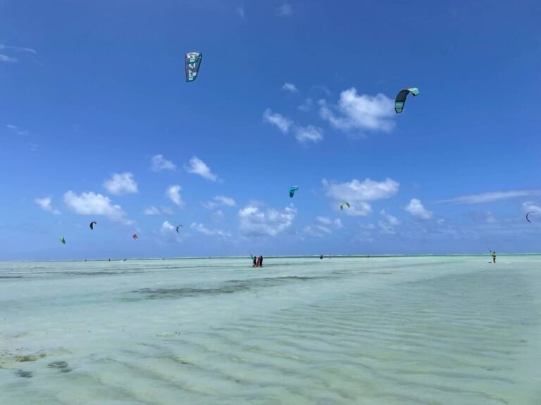 Vibrant kitesurfers gliding across the turquoise waters of Zanzibar, showcasing colorful kites against a clear blue sky. The vast, shallow lagoon creates perfect conditions for kitesurfing, with gentle waves and steady winds. Enthusiasts enjoy the thrill of the sport, making the most of Zanzibar's stunning natural beauty and ideal weather for an unforgettable watersport experience.