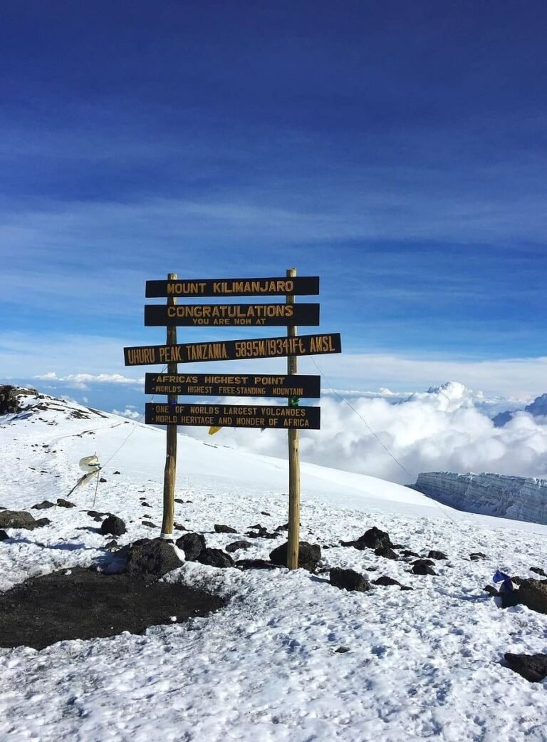 A signpost at Uhuru Peak on Mount Kilimanjaro, reading 'Mount Kilimanjaro, Congratulations, You Are Now at Uhuru Peak Tanzania, 5895m/19341ft AMSL.' The sign highlights that it is Africa's highest point and the world's highest freestanding mountain. The snowy summit and surrounding clouds are visible under a clear blue sky, marking a triumphant moment at the highest point in Africa.