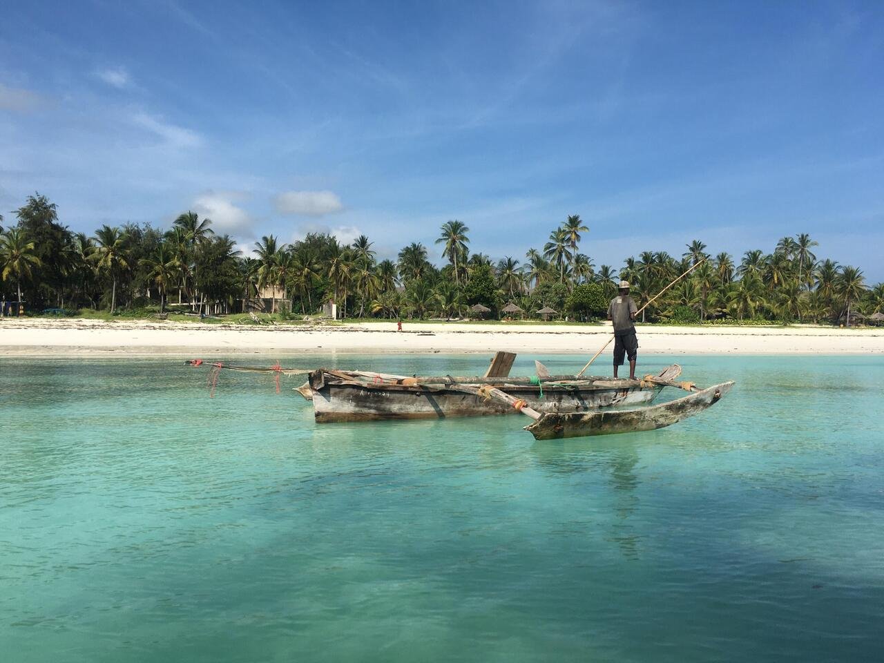 A local fisherman stands on a wooden boat, using a long pole to navigate through the clear waters of Zanzibar's coastline, with palm trees and white sandy beaches in the background.