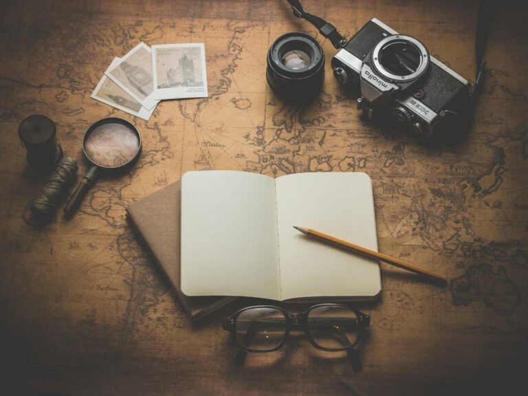 A flat lay of travel essentials, including an open notebook, a pencil, a magnifying glass, photographs, a vintage camera, and a spool of thread, set against an antique map background.